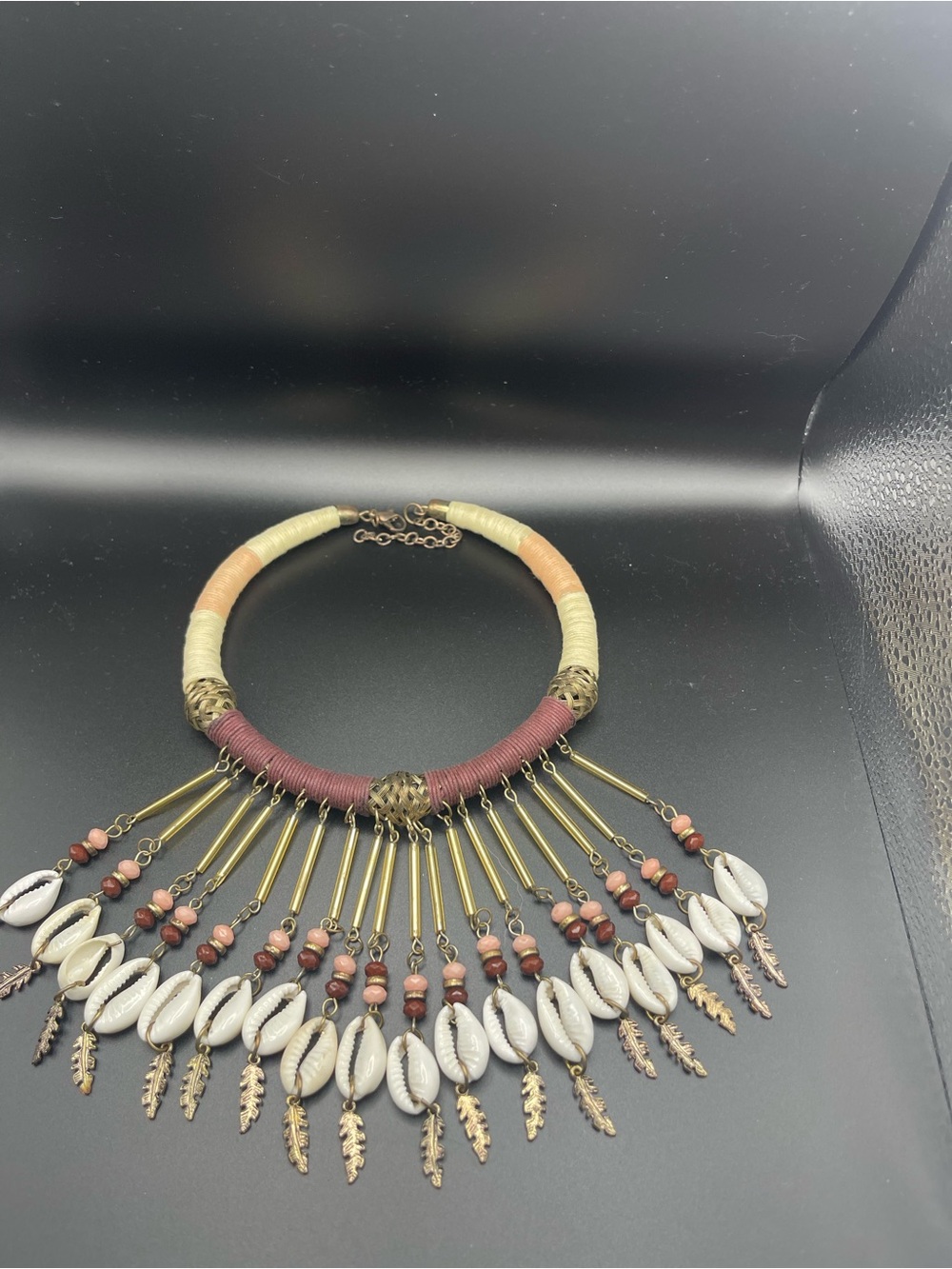 Boho Shell Fringe Collar Necklace in Pink, Cream & Gold